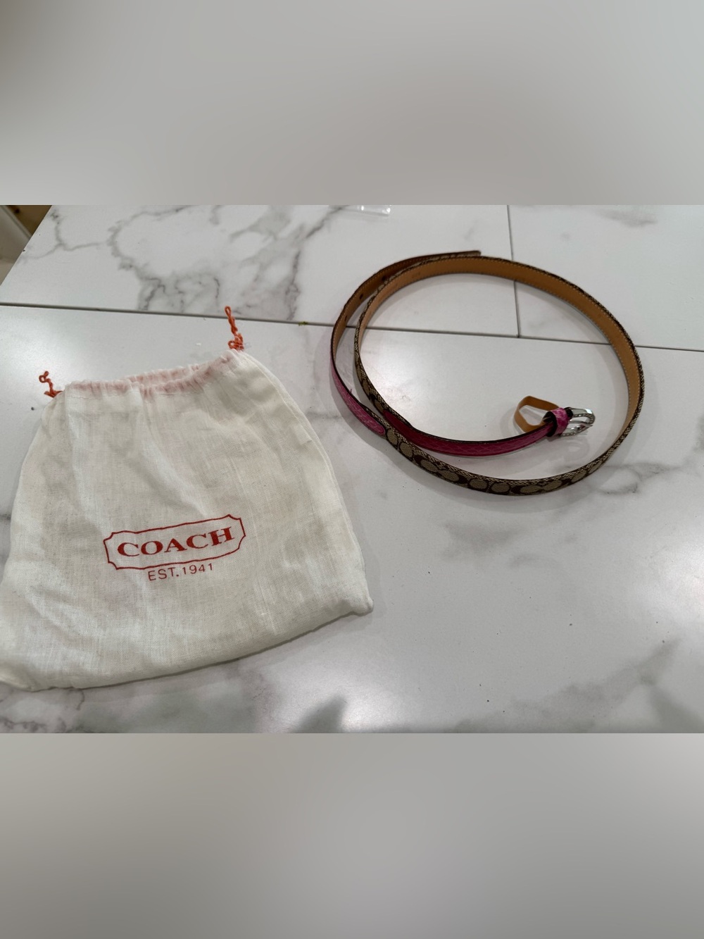Authentic Coach Brown Signature Canvas Belt with Pink Leather Trim